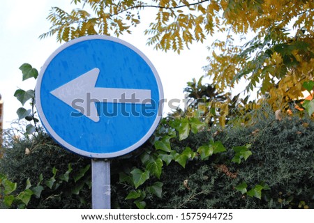 A traffic sign with an arrow indicating a direction next to a green hedge