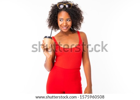 African female with cup of coffee, picture isolated on white background