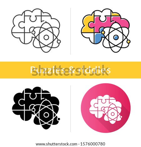 Brain teaser icon. Science puzzle, riddle, logic game. Mental exercise. Challenge. Ingenuity, intelligence test. Solution finding. Flat design, linear and color styles. Isolated vector illustrations