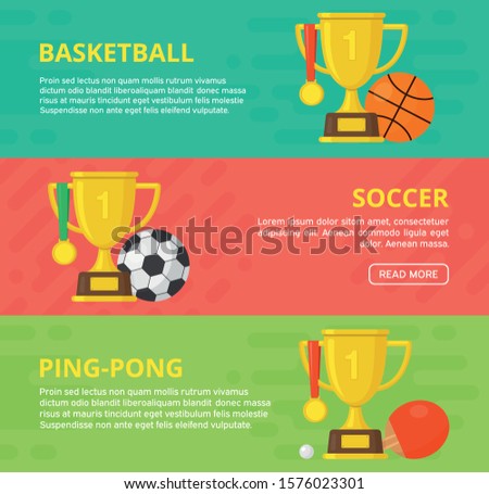 Set of sport banners.Ffootball, basketball, ping-pong template. Gold winner champion cup with medal. Vector design illustration. Flat style icon.