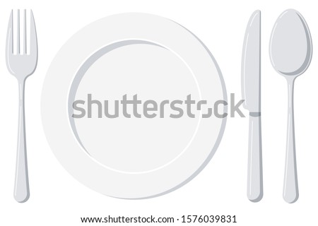 Empty white plate with spoon, knife and fork isolated on a white background. Top view silver cutlery and ceramic serving plate design template. Vector flat design cartoon style illustration.