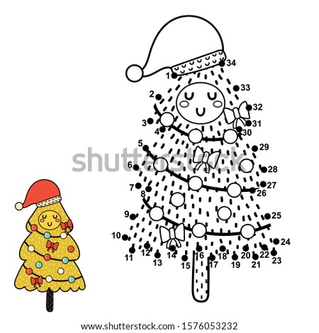 Dot to dot game with a cute Christmas tree in Santa’s hat. Connect the numbers activity for kids. Winter puzzle for children. Vector illustration