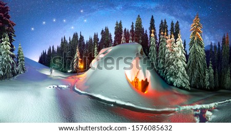 Mountain shelter is a refuge for tourists in the winter with a fire fire in the middle of the high mountain of Ukraine Goverla covered with snow, like an avalanche, to the roof. Ursa Major in the Gala