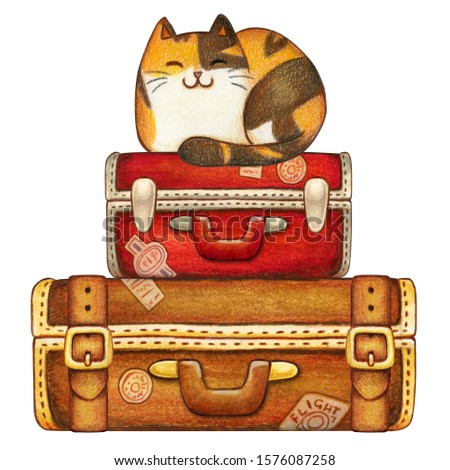Watercolor calico kitten on vintage travelling suitcases
