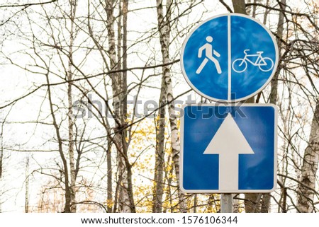 Bicycle and pedestrian shared route blue round sign in city park, copy space.