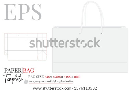 Paper Bag Template, Vector with die cut / laser cut layers. Shopping Bag, 200 x 340 x 100, Packaging Design.  White, clear, blank, isolated Paper Bag mock up on white background