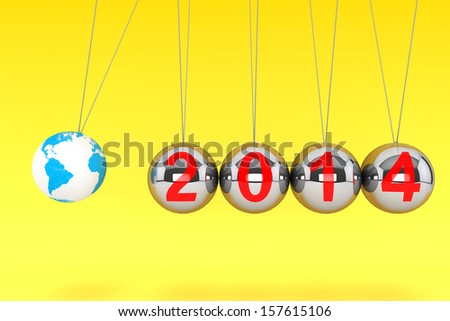 New Year concept. Spheres of Newton with Globe Earth and 2014 sign on a yellow background