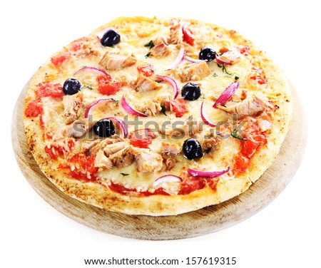 Pizza over a pizza board isolated on white background with tuna fish, onions and olives