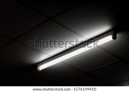 Detail of a fluorescent light tube on a wall. fluorescent light tube with copy space for any design. Electric lamp and energy power concept