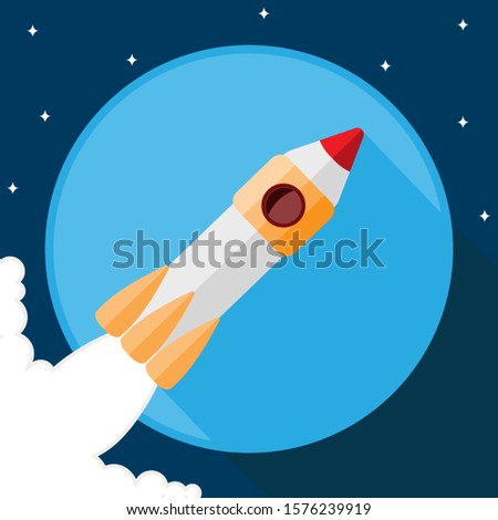 Rocket on abstract Earth background in flat design style, icon, background dark, blue, vector