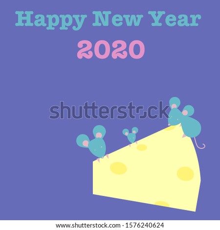 Vector Illustration of a holiday new year card for Chinese year if the rat with three mice eating cheese on purple background with text happy new year 2020