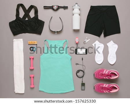 Sports set. / Running equipment woman on grey background.  Royalty-Free Stock Photo #157625330