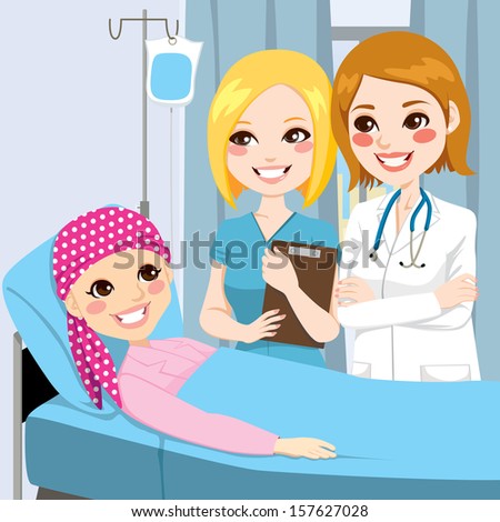 Woman doctor and nurse visit a young girl lying down on hospital bed receiving intravenous chemotherapy treatment for cancer