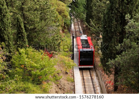 Mtatsminda funicular going up the mountain in Tbilisi, Georgia. This is a popular tourist attraction in the city. 