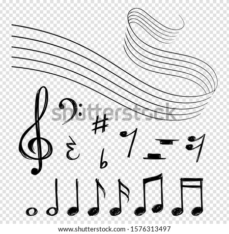 Musical notes. Black music lines, melody elements and staves. Shape artistic clef and abstract sound vector symbols isolated on transparent background Royalty-Free Stock Photo #1576313497