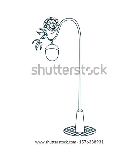 Wrought iron lantern with a round lampshade on a pole, black and white clip-art on a white isolated background
