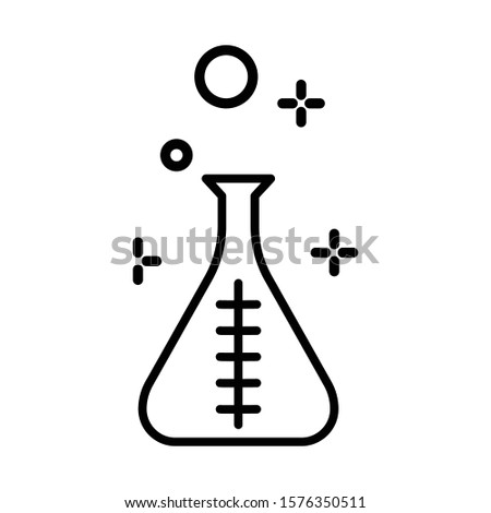 Laboratory beaker isolated linear icon, chemical experiment in flask vector. Сhemistry and biology symbol, science lab equipment, pharmacology. Liquids mixing glass container with measuring scale