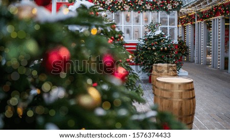 Magnificent colorful Christmas tree outdoor for the perfect Christmas mood. Christmas and New Year holidays background.