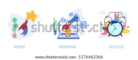 Set of People Making Review, Announcing Promotion with Megaphone, Effective Time Management Isolated on White Background. Man Holding Rating Star, Huge Alarm Clock. Cartoon Flat Vector Illustration