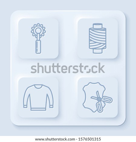 Set line Cutter tool, Sewing thread on spool, Sweater and Scissors and leather. White square button. Vector