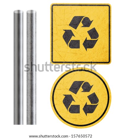 recycle symbol on Yellow Sign with metal bar, isolated in white  (with clipping work path)