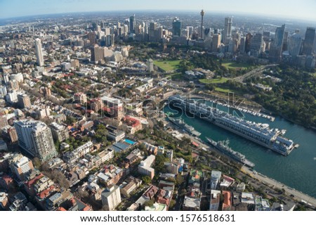 Aerial cityscape of Sydney Woolloomooloo suburb and historic wharf. Sydney aerial urban skyline landscape. Australia 