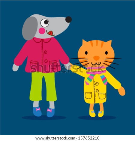 Cute little dog and a cat with nice clothing
