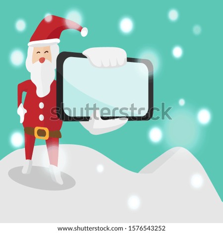 Vector cartoon illustration, Santa Holding a mobile phone, snow falling in the background.