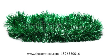 Green tinsel, Christmas ornament, decoration, isolated on white background