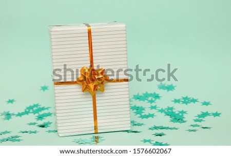 Gift box woth ribbon and bow on mint color background.