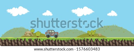 parallax 2d background blue sky and trees with cartoon car on kids environment