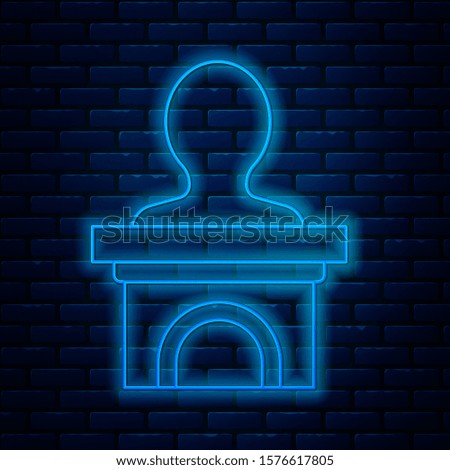 Glowing neon line Stage stand or debate podium rostrum icon isolated on brick wall background. Conference speech tribune.  Vector Illustration