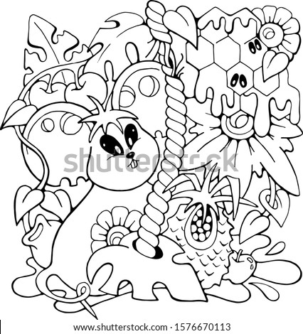 Funny Mouse with a Honeycomb, humor cute vector doodle stock illustration, isolated black and white print for greeting / invitation card, poster, coloring book, t-shirt, fabric