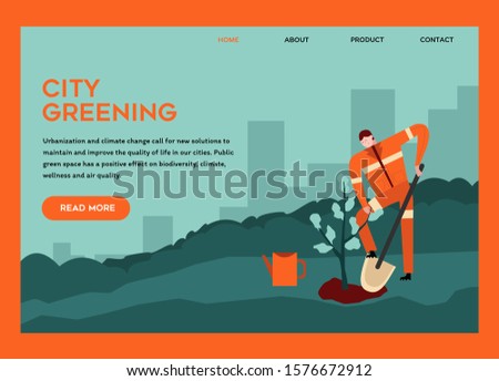 Janitor plants a plant. Landscaping. Landing Landscaping of the city. People Care of Plants,.Male  Characters Planting Watering and Trimming Trees and Flowers. Cartoon Flat Vector Illustration.