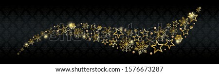 Golden Christmas stardust with snowflakes and stars on the black wallpaper. Eps 10 vector file.