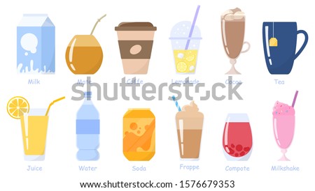 Beverages, drinks set. Milk pack, soda can, glass of juice, cup of coffe and tea and etc. Non-alcoholic beverages. Healthy lifestyles. Isolated vector flat illustration Royalty-Free Stock Photo #1576679353
