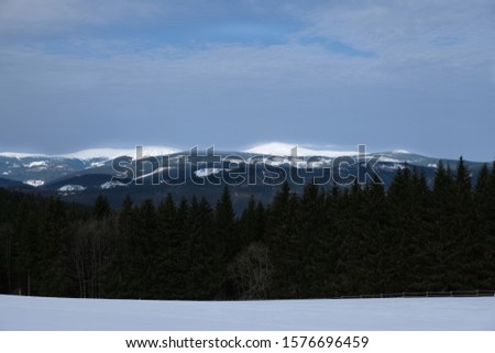 View with Sniezka Mountain covered with snow. Giant Mountains, Czech Republic. During ski tour on Bohemia Krkonose Cross-Country Route (Krkonosska magistrala cross-country skiing trail. 