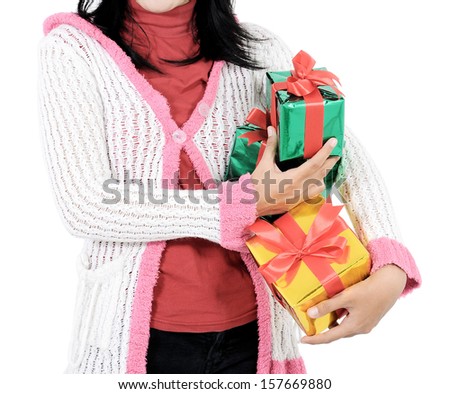 attractive woman with many gifts, isolated on white background