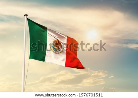 Mexico national flag cloth fabric waving on the sky with beautiful sun light - Image