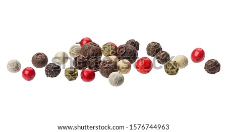Pepper mix. Heap of black, red, white and allspice peppercorns isolated on white background, close up Royalty-Free Stock Photo #1576744963