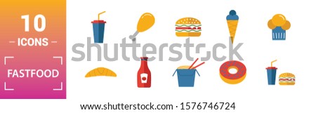 Fastfood icon set. Include creative elements burger, drink with a straw, donuts, chicken leg, delivery icons. Can be used for report, presentation, diagram, web design.