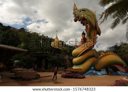 Naga statue in Thailand,In Legend Naga is Protect Buddhism, Naga head covering the Buddha at Tham Pha Daen Temple Sakon nakonn Northeast region of Thailand