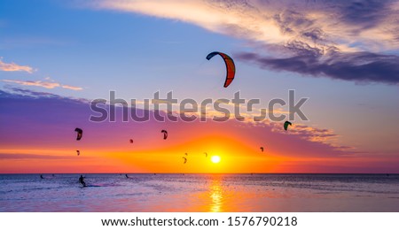 Kite-surfing against a beautiful sunset. Many silhouettes of kites in the sky. Travel concept. Artistic picture. Beauty world. Panorama
