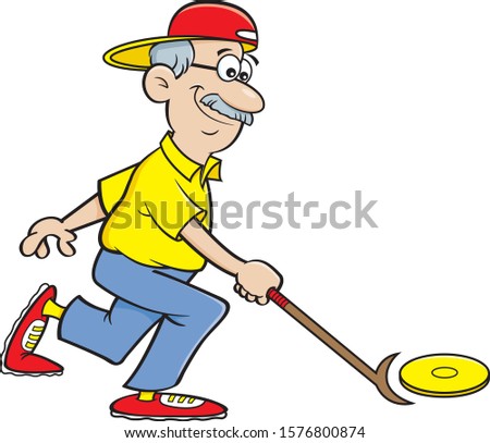 Cartoon illustration of a senior citizen playing shuffleboard.
