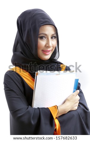 cute female Muslim college student isolated on white 