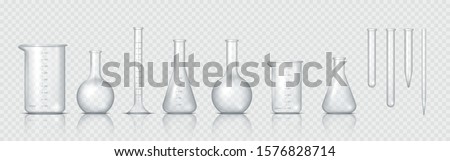 Laboratory glassware. Realistic lab beaker, glass flask and other chemical containers, 3D measuring medical equipment. Vector set tool for chemistry experiments or biotechnology testing Royalty-Free Stock Photo #1576828714