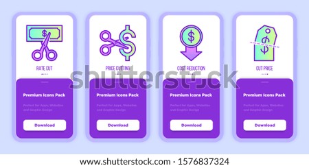 Rate cut, price cutting, cost reduction, cut price. Mobile user interface with thin line icons. Vector illustration for sale, special offer, clearance.