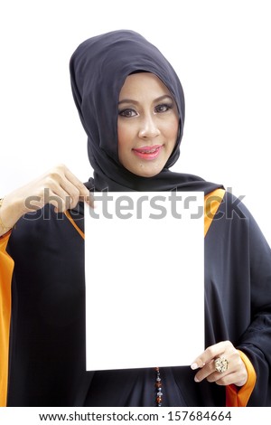 Muslim female holding blank paper card