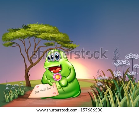 Illustration of a monster holding a card and a flower