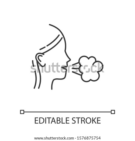 Girl cough linear icon. Common cold. Flu symptom. Respiratory disease. Allergy. Healthcare. Tuberculosis. Thin line illustration. Contour symbol. Vector isolated outline drawing. Editable stroke
